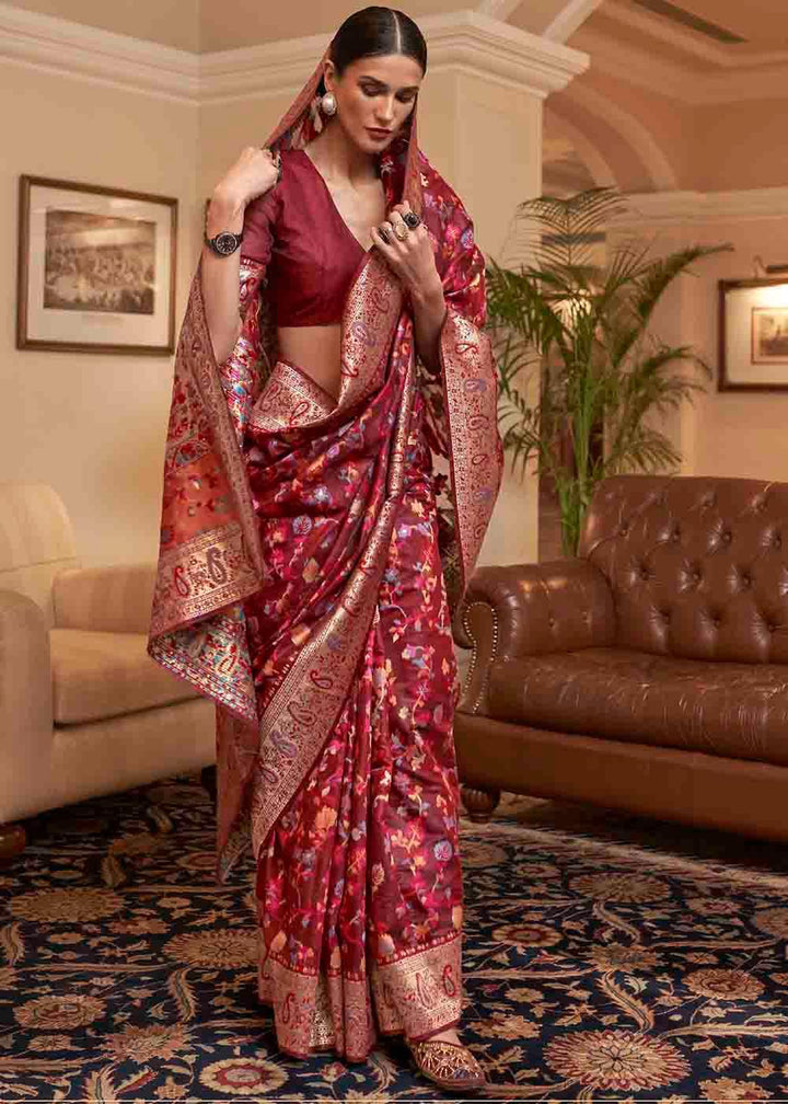 Sienna Brown Banarasi Jamawar Woven Silk Saree | Stitched Blouse - qivii