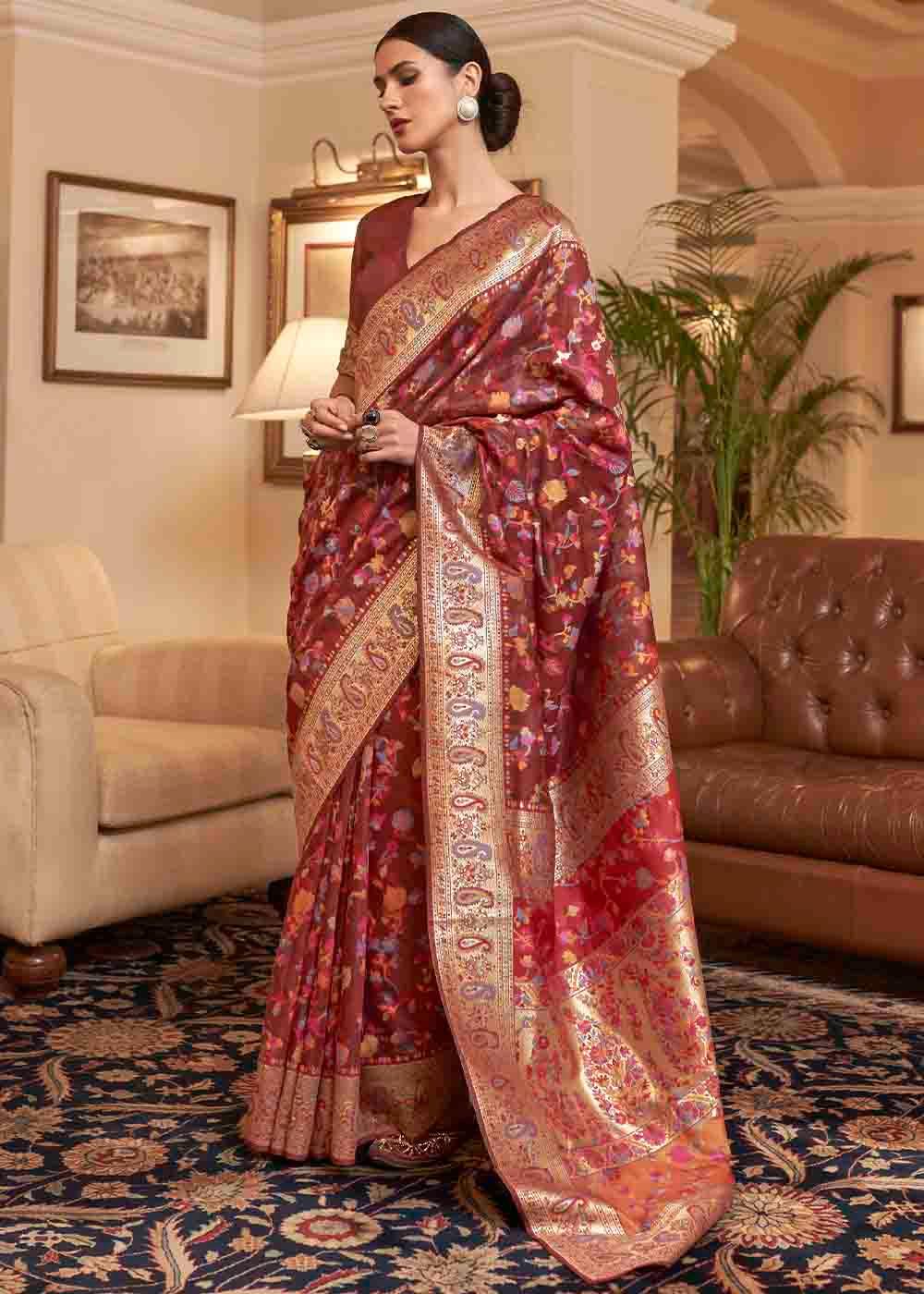 Sienna Brown Banarasi Jamawar Woven Silk Saree | Stitched Blouse - qivii