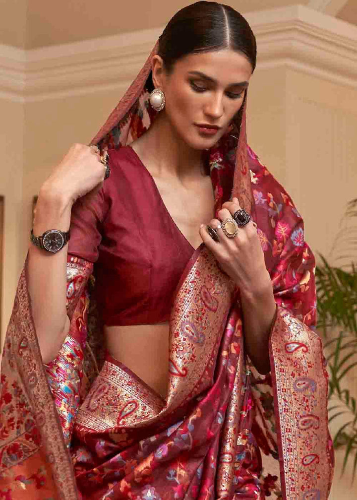 Sienna Brown Banarasi Jamawar Woven Silk Saree | Stitched Blouse - qivii