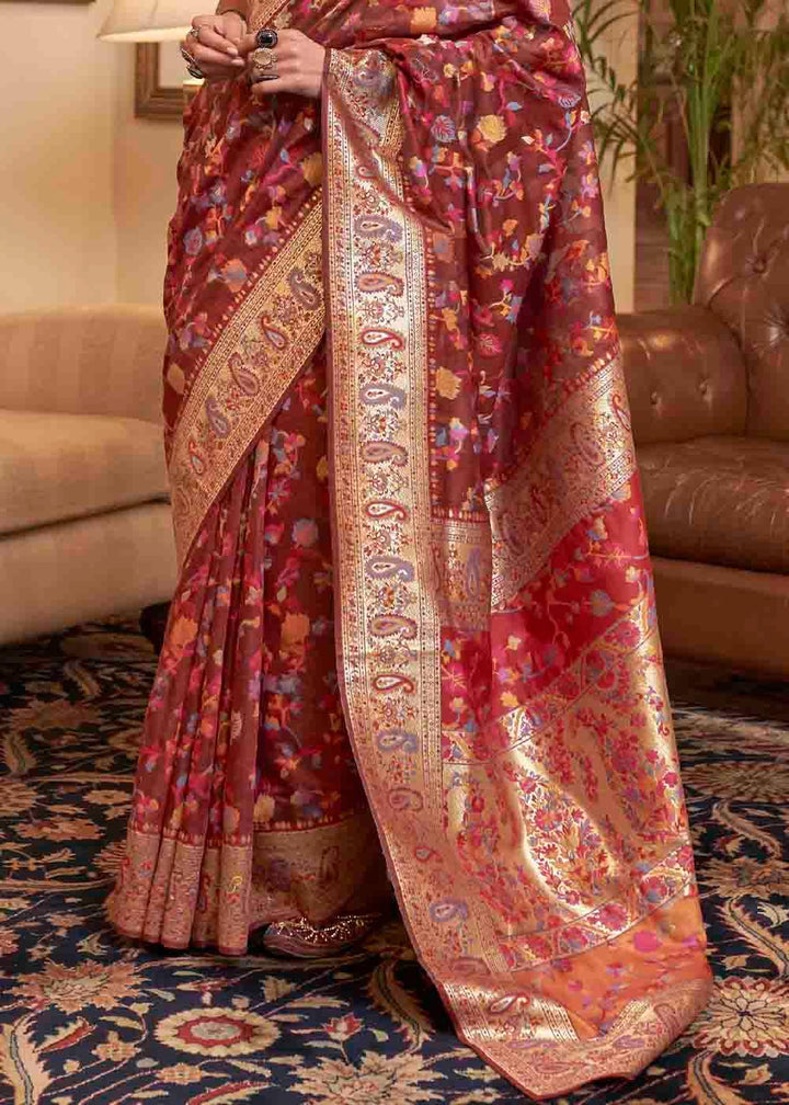 Sienna Brown Banarasi Jamawar Woven Silk Saree | Stitched Blouse - qivii