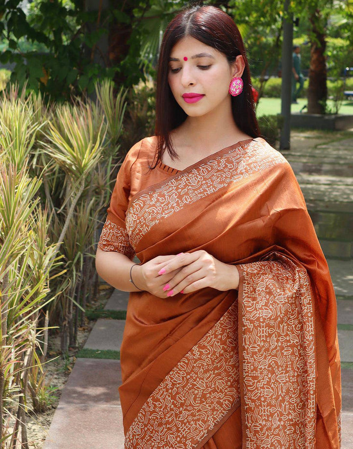 Sienna Brown Handloom Raw Silk Saree | Stitched Blouse - qivii