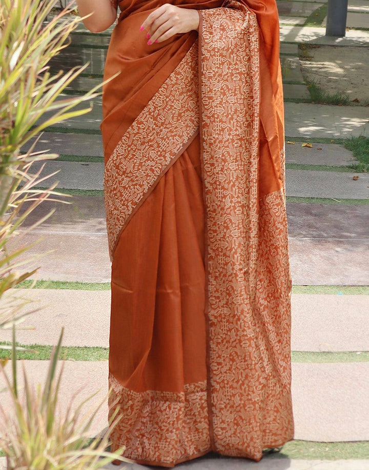 Sienna Brown Handloom Raw Silk Saree | Stitched Blouse - qivii