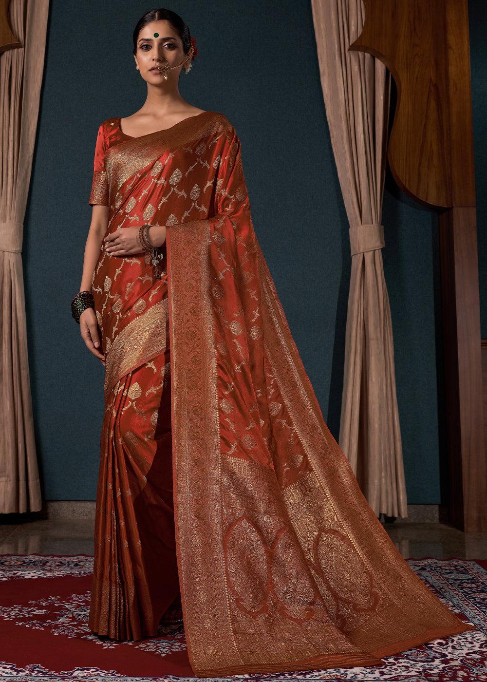 Sienna Brown Zari Woven Satin Silk Saree - qivii