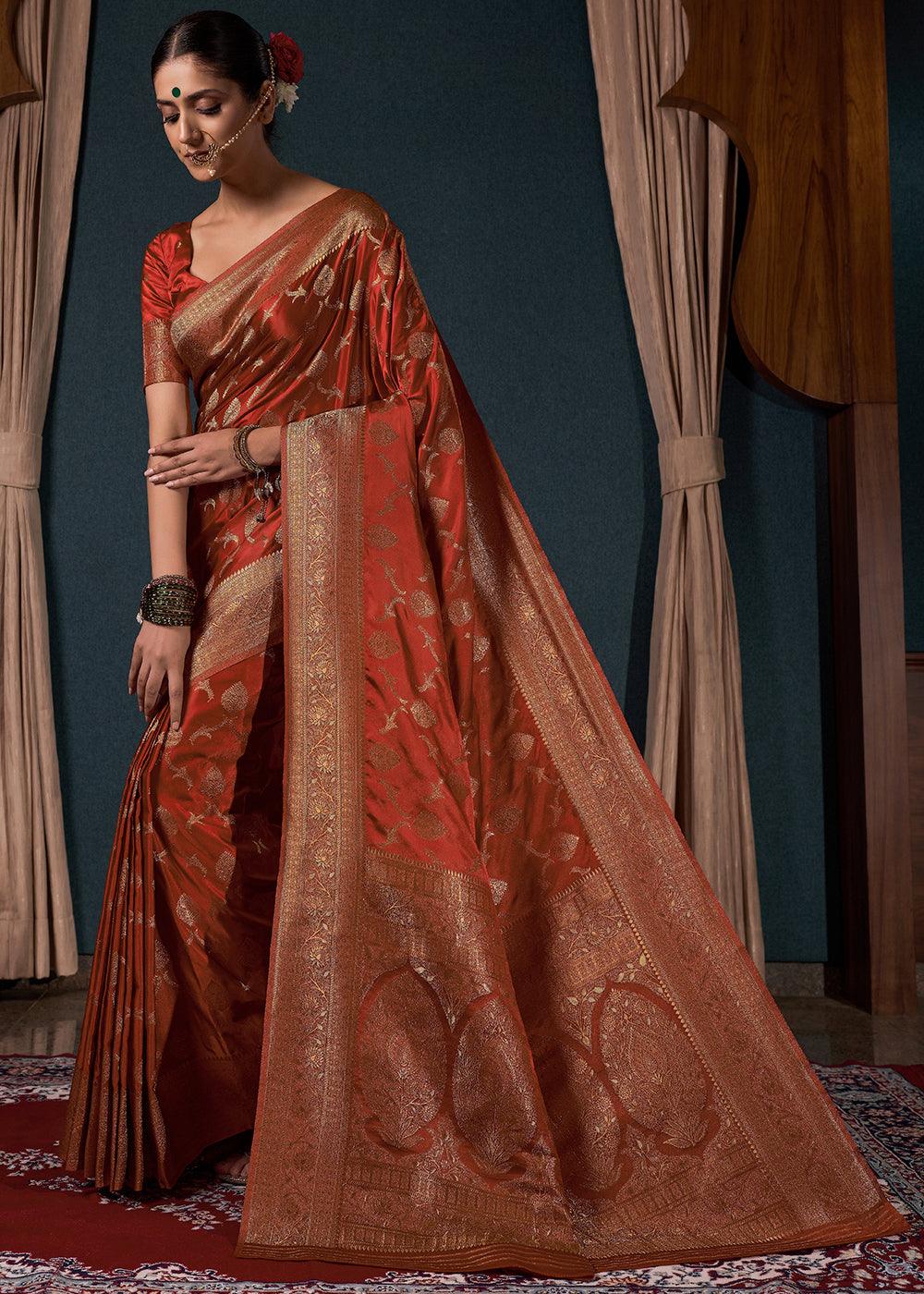 Sienna Brown Zari Woven Satin Silk Saree - qivii