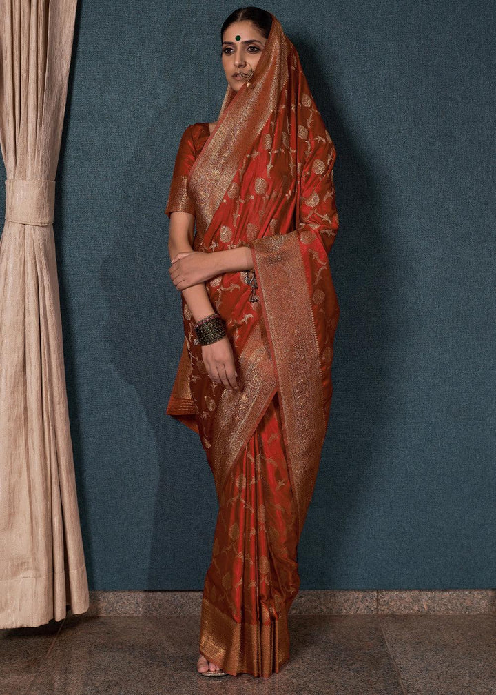 Sienna Brown Zari Woven Satin Silk Saree - qivii