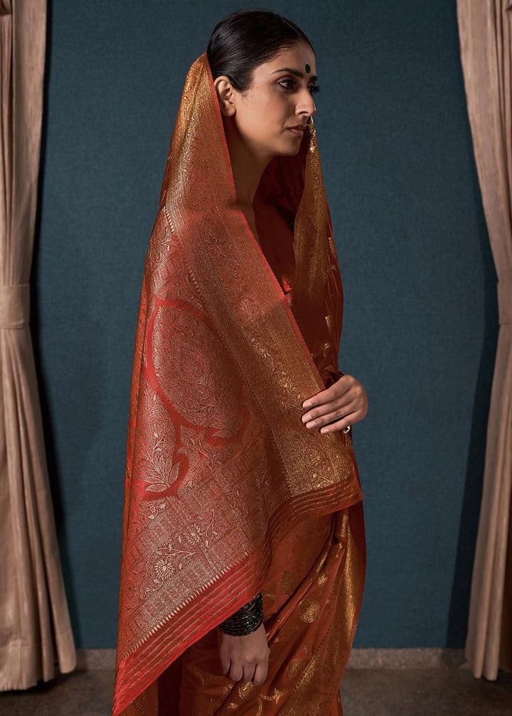 Sienna Brown Zari Woven Satin Silk Saree - qivii