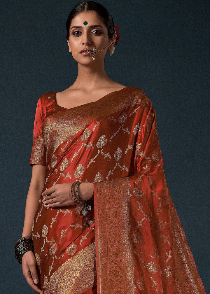 Sienna Brown Zari Woven Satin Silk Saree - qivii