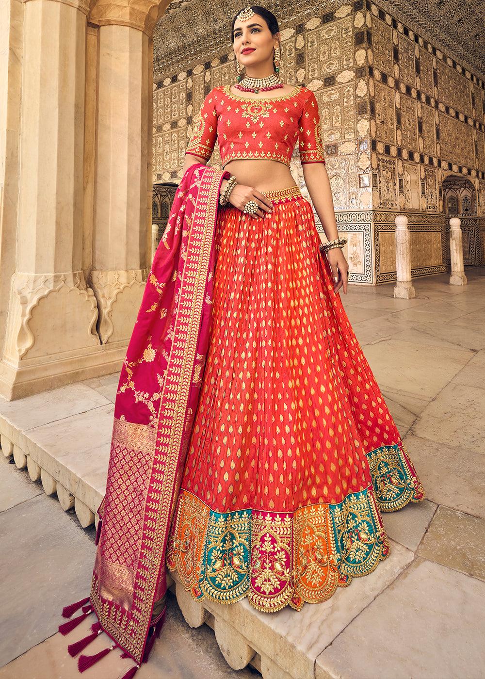 Sienna Orange Banarasi Silk Lehenga Choli with Heavy Embroidery Work - qivii