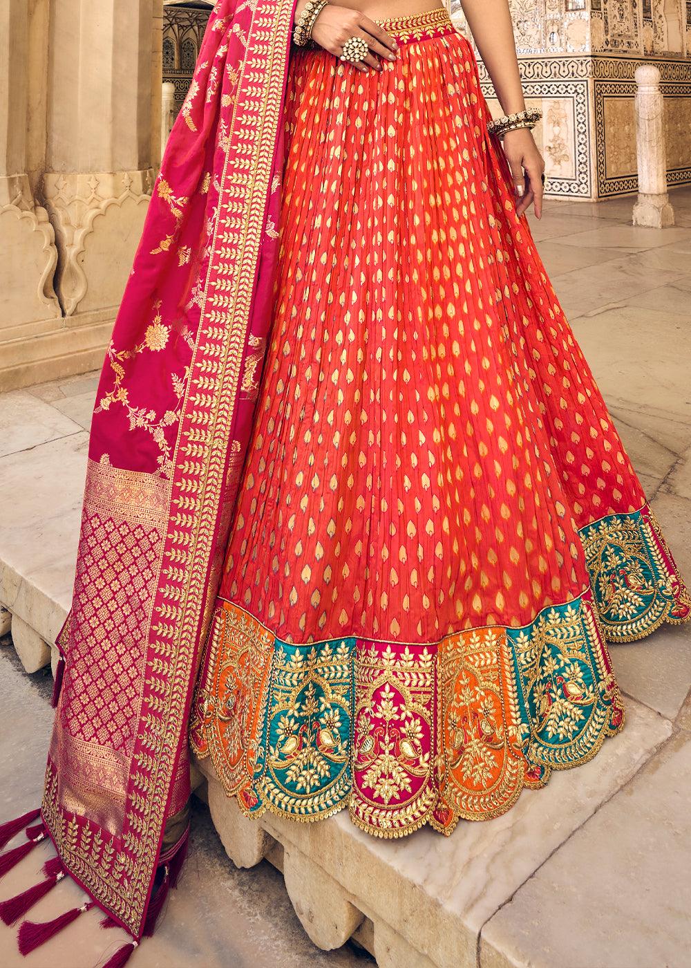 Sienna Orange Banarasi Silk Lehenga Choli with Heavy Embroidery Work - qivii