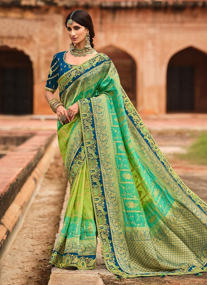 Silk Weave Embroidered Two Shaded Green Saree  - By Kreeva