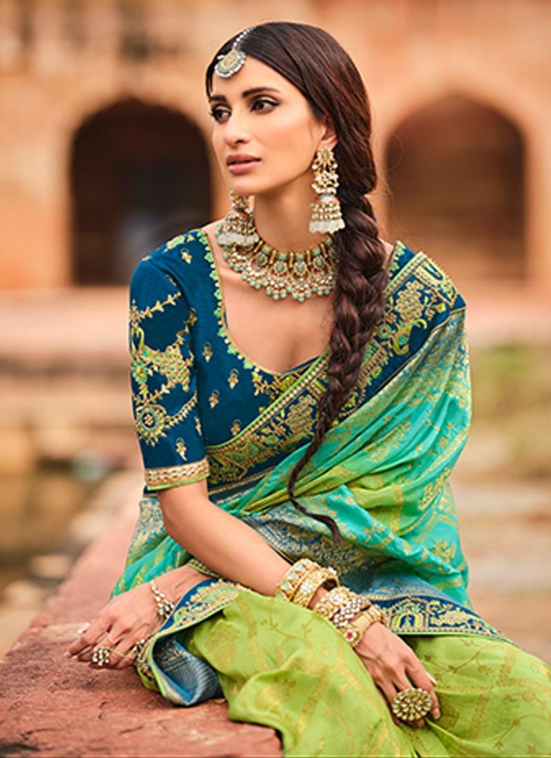 Silk Weave Embroidered Two Shaded Green Saree  - By Kreeva