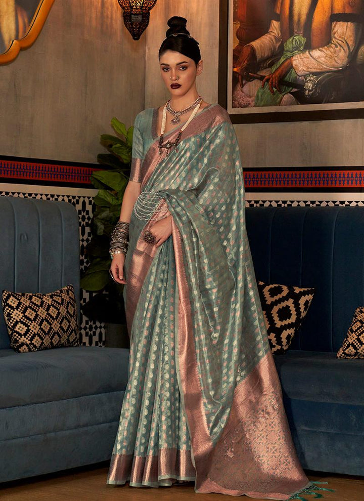 Silk Weaving Green Classic Wear Saree  - By Kreeva