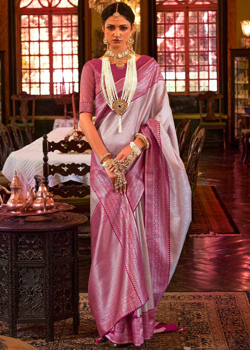 Silver & Pink Woven Kanjivaram Silk Saree | Stitched Blouse - qivii