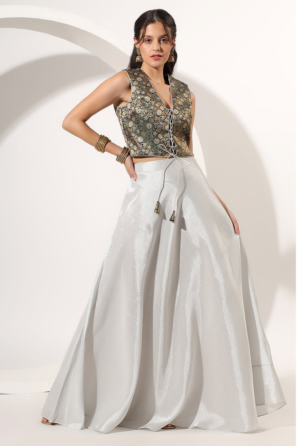 SIlver Skirt Set with Green Brocade Crop Top