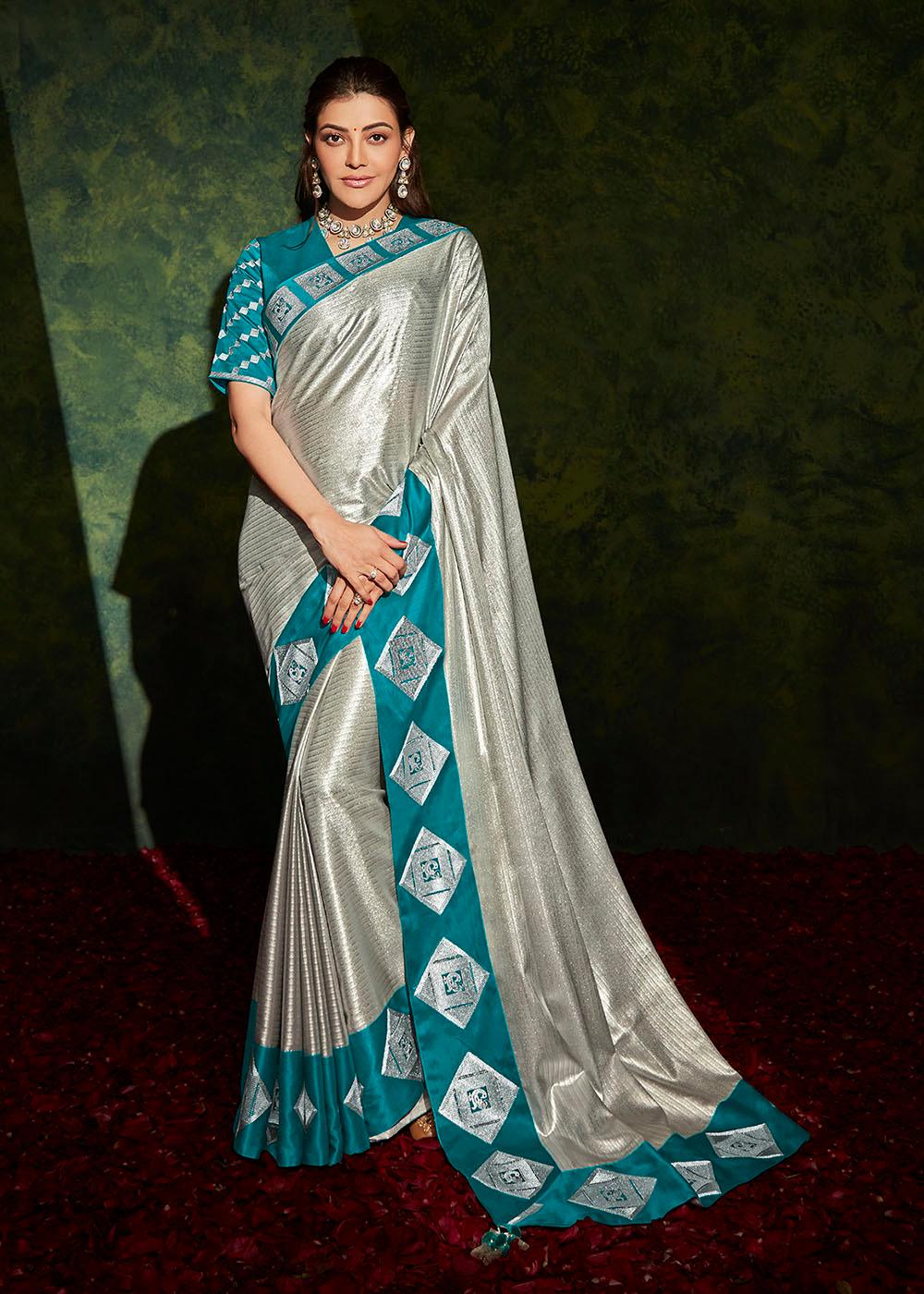 Silver Grey Designer Silk Saree with Contrast Blouse | Stitched Blouse - qivii