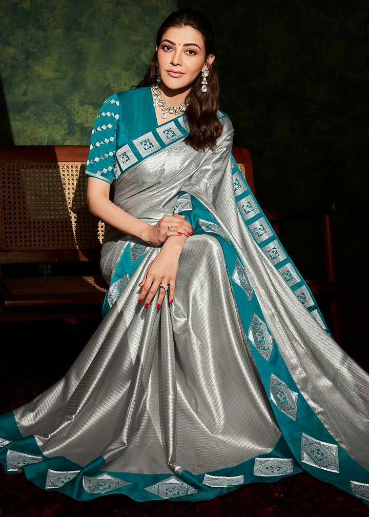 Silver Grey Designer Silk Saree with Contrast Blouse | Stitched Blouse - qivii