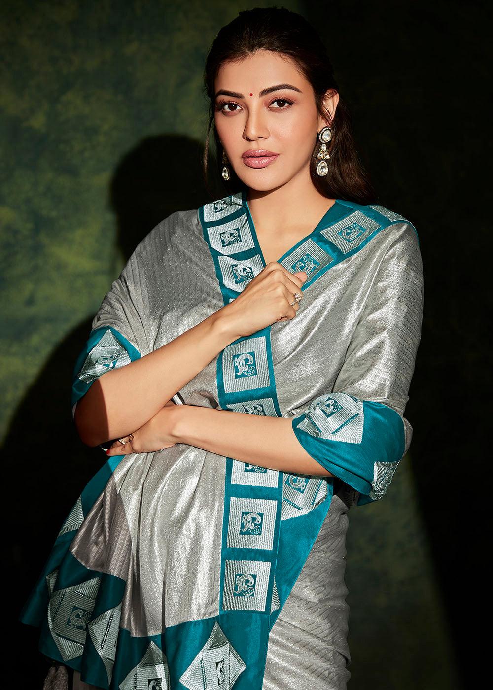 Silver Grey Designer Silk Saree with Contrast Blouse | Stitched Blouse - qivii