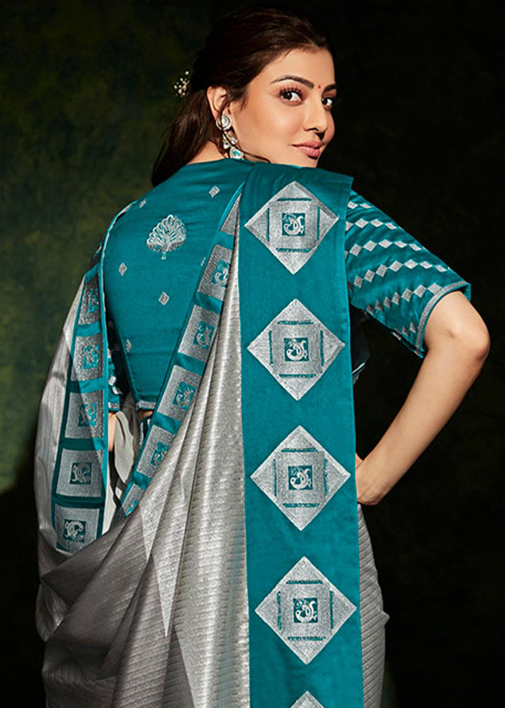 Silver Grey Designer Silk Saree with Contrast Blouse | Stitched Blouse - qivii