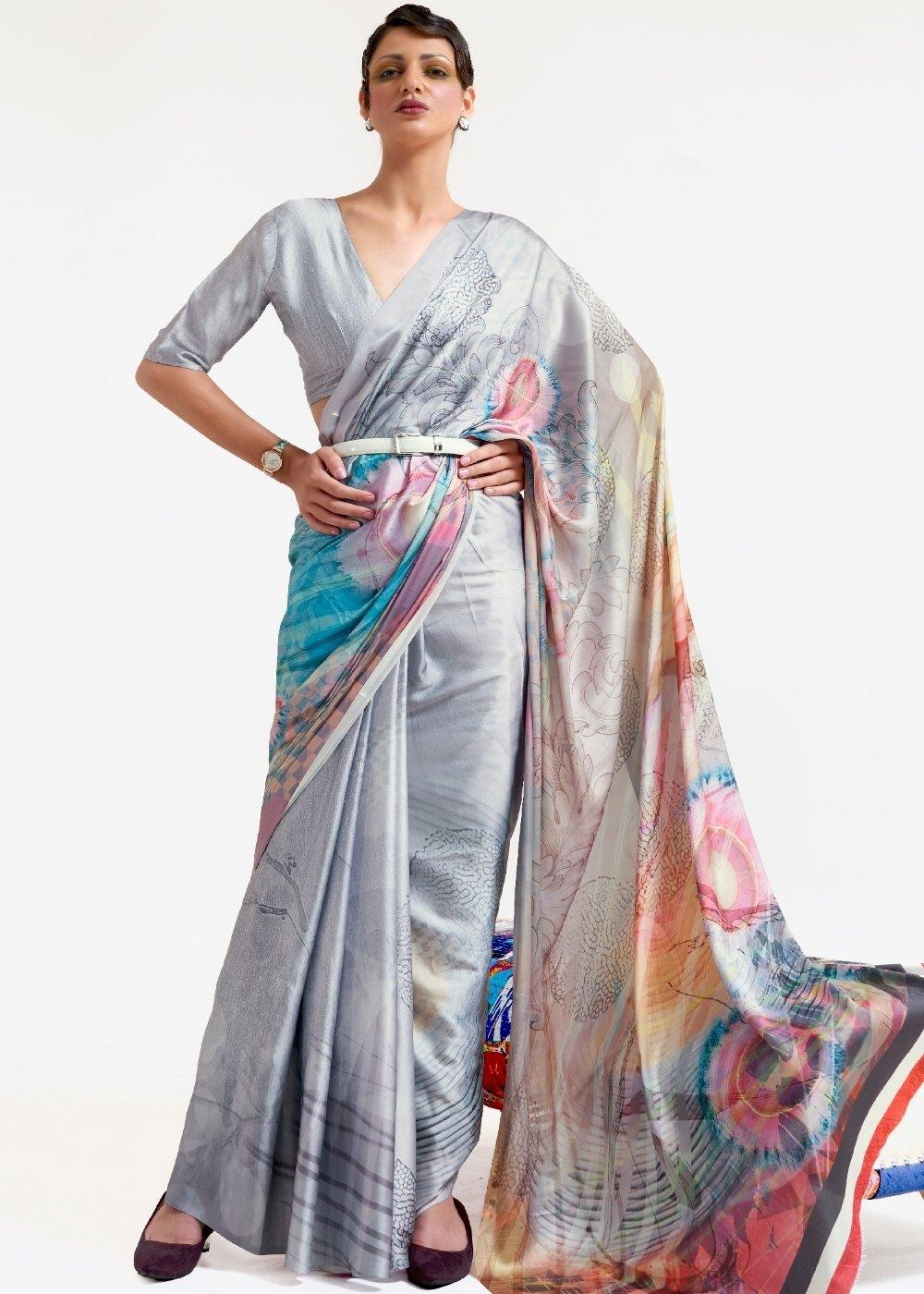 Silver Grey Digital Printed Satin Crepe Saree | Stitched Blouse - qivii