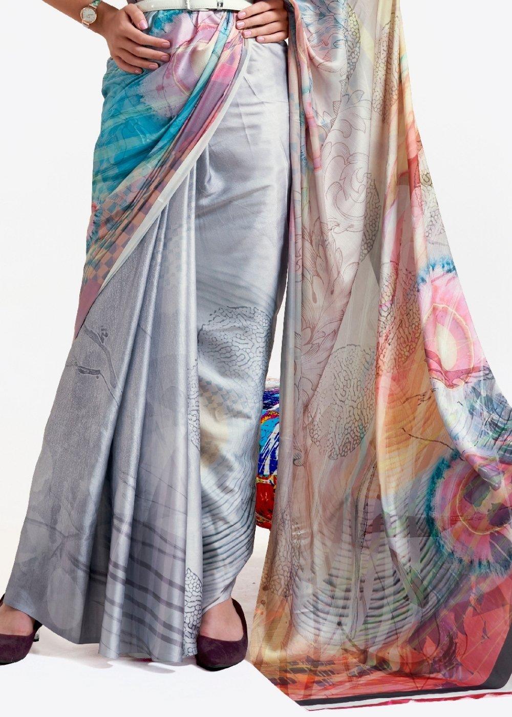 Silver Grey Digital Printed Satin Crepe Saree | Stitched Blouse - qivii