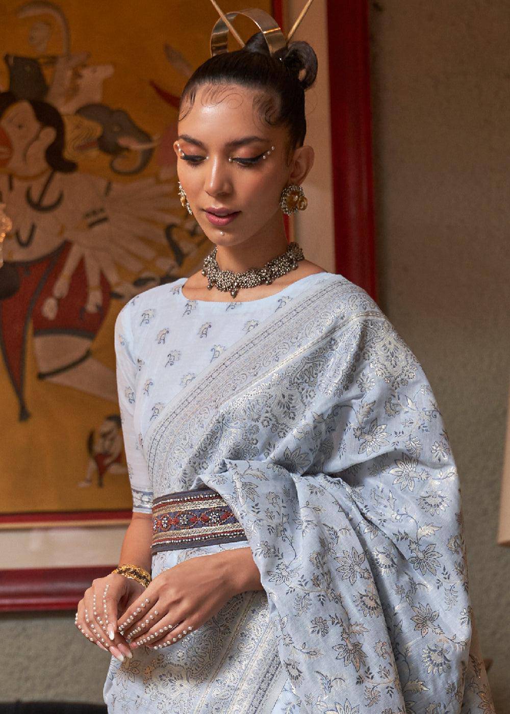 Silver Grey Kashmiri Woven Cotton Silk Saree | Stitched Blouse - qivii