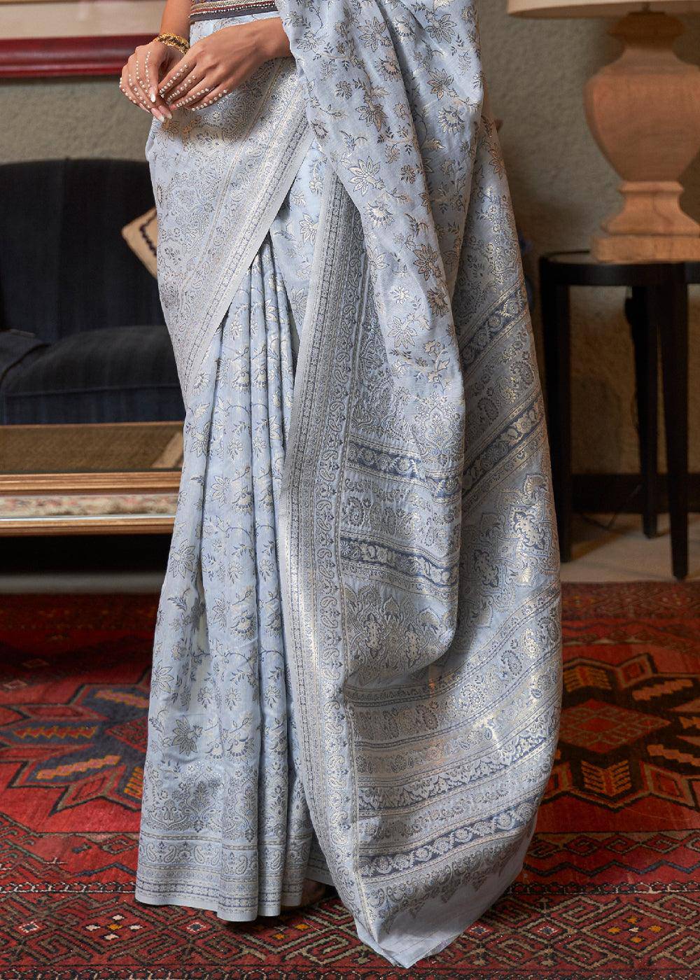 Silver Grey Kashmiri Woven Cotton Silk Saree | Stitched Blouse - qivii