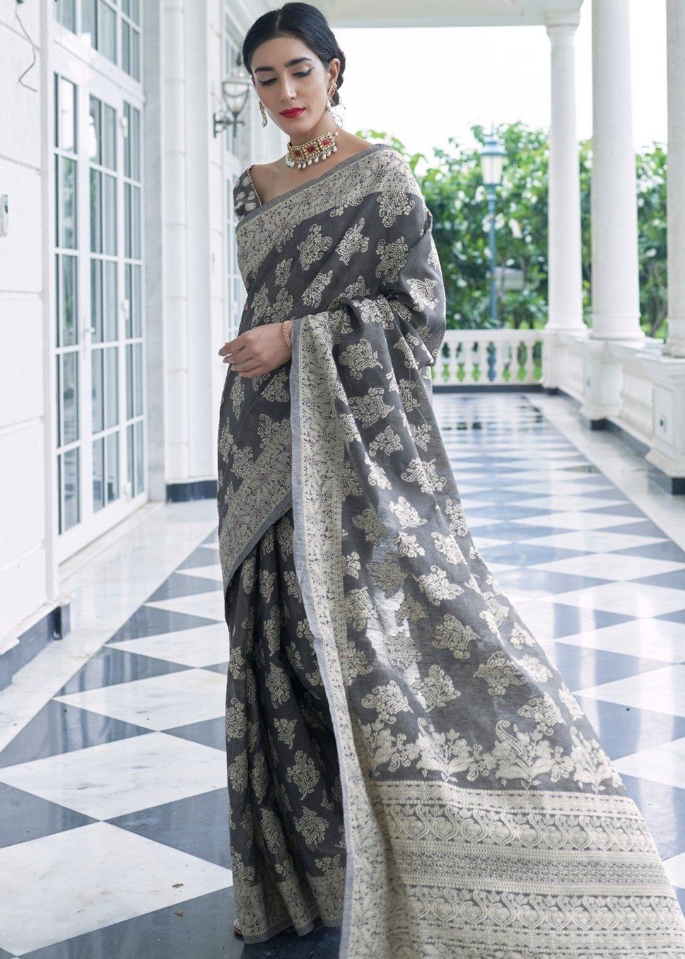 Silver Grey Lucknowi Chikankari Weaving Silk Saree | Stitched Blouse - qivii