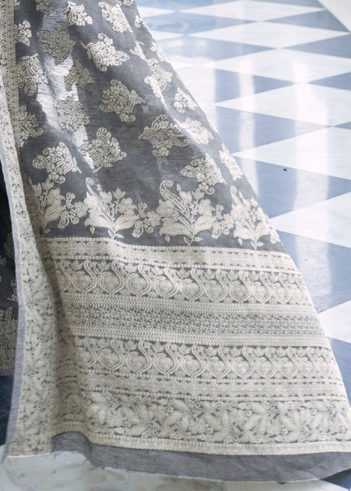 Silver Grey Lucknowi Chikankari Weaving Silk Saree | Stitched Blouse - qivii