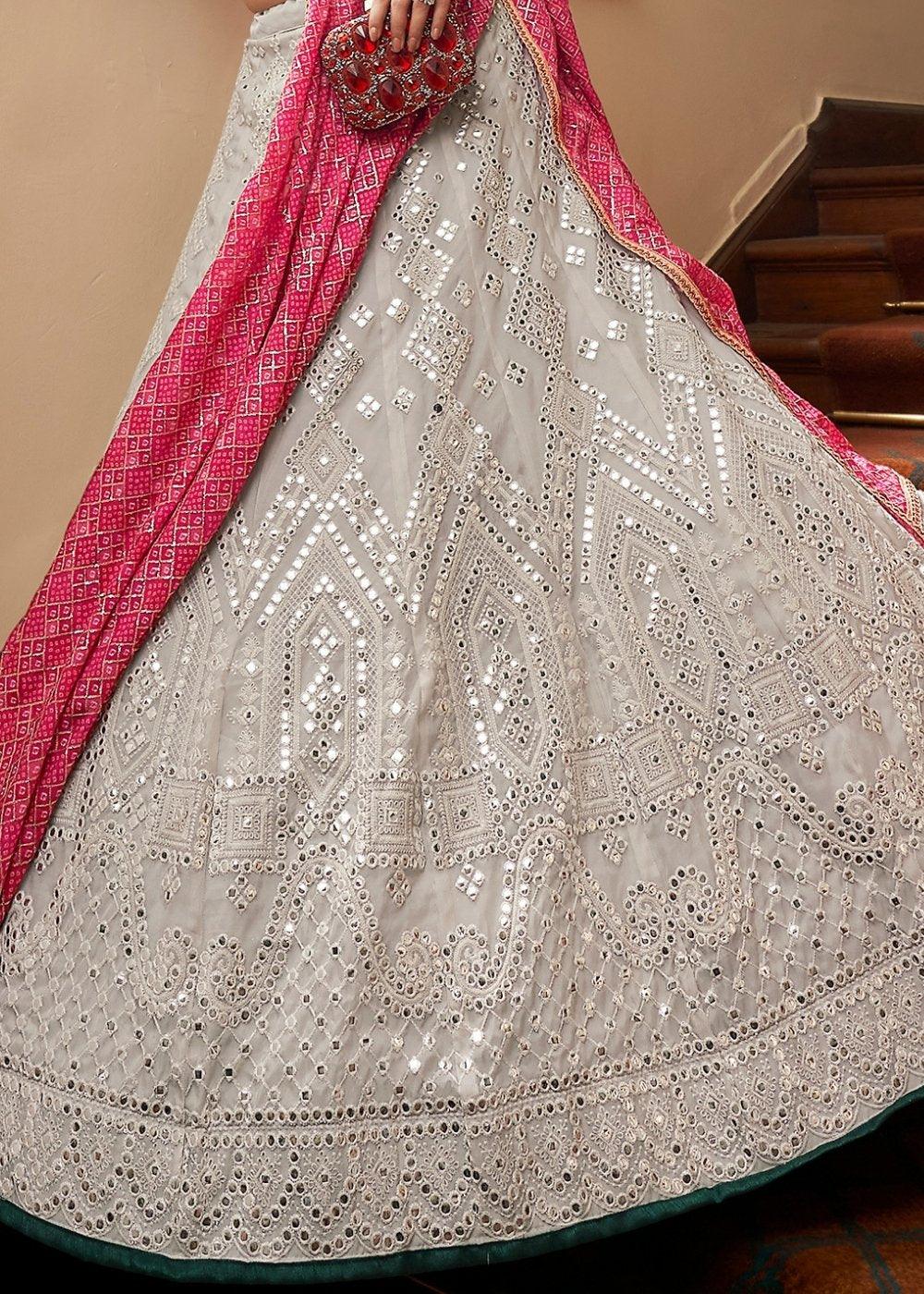 Silver Grey Organza Lehenga with Sequins, Gota, Mirror & Resham work - qivii