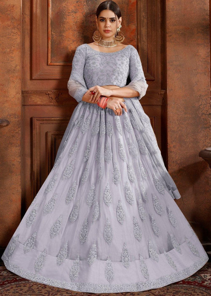 Silver Grey Soft Net Lehenga Choli with Thread, Zarkan & Pearl work - qivii