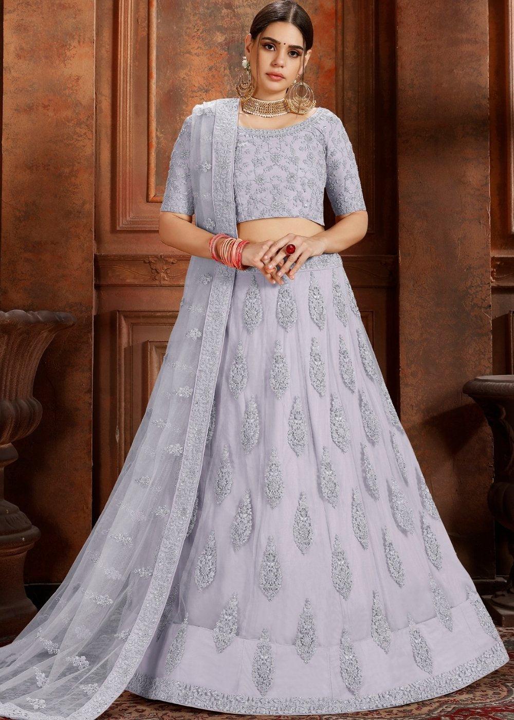 Silver Grey Soft Net Lehenga Choli with Thread, Zarkan & Pearl work - qivii