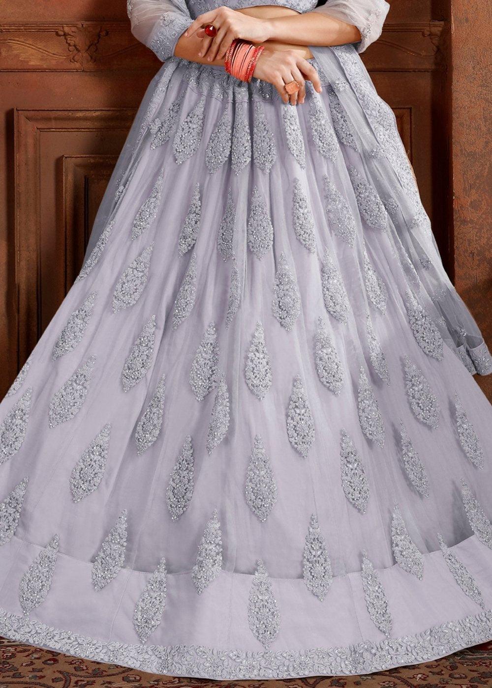 Silver Grey Soft Net Lehenga Choli with Thread, Zarkan & Pearl work - qivii