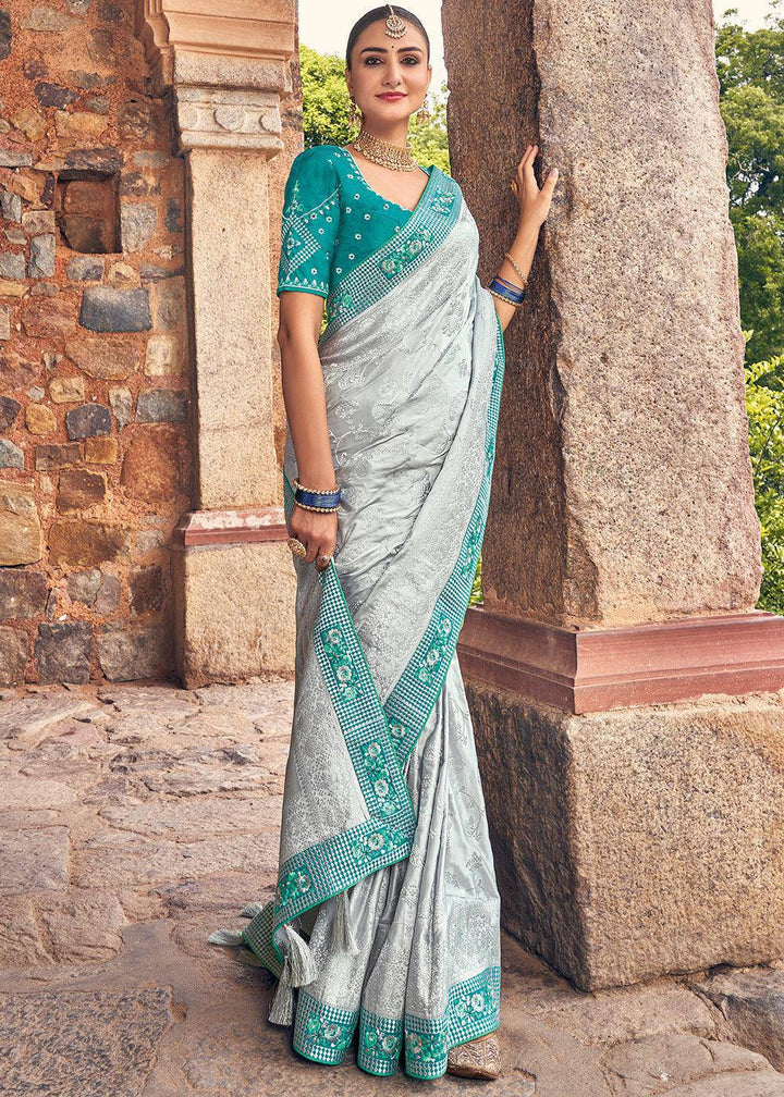 Silver Grey Zari Woven Banarasi Silk Saree with Embroidered Blouse | Stitched Blouse - qivii