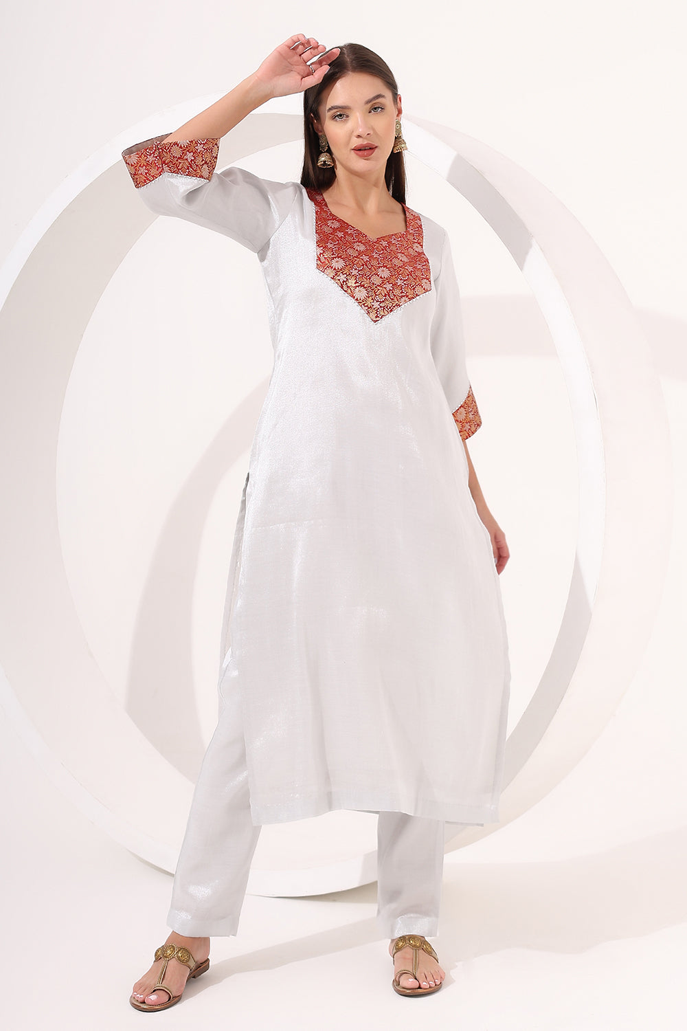 Silver Tissue Straight Kurta Set