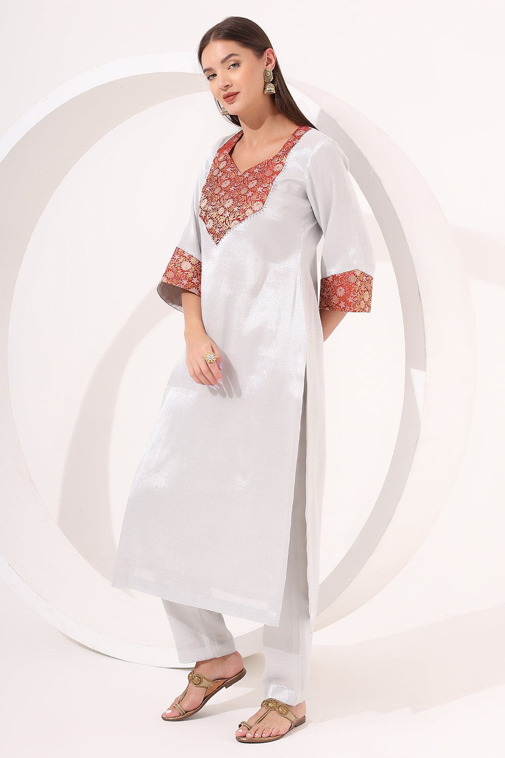 Silver Tissue Straight Kurta Set