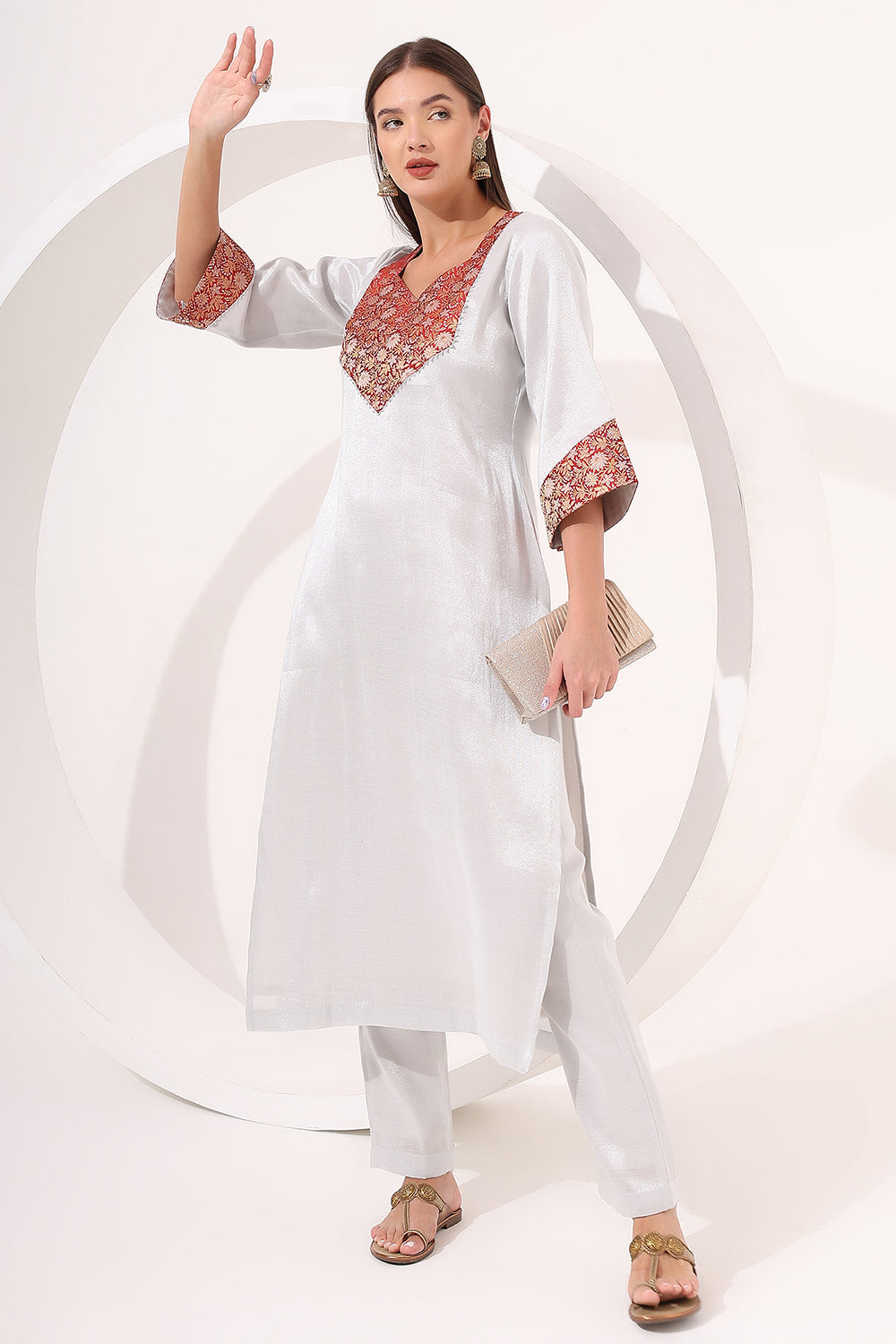 Silver Tissue Straight Kurta Set