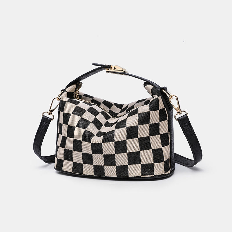 Ounamei Checkered Canvas Handbag with Leather Trim | Top Handle Shoulder & Crossbody Mini Box Bag