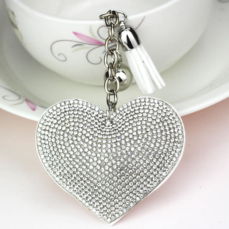 Ounamei Rhinestone Heart Keychain | Crystal Bling Tassel Bag Charm