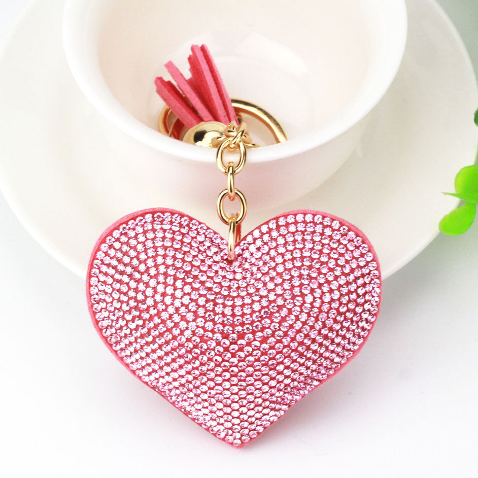 Ounamei Rhinestone Heart Keychain | Crystal Bling Tassel Bag Charm