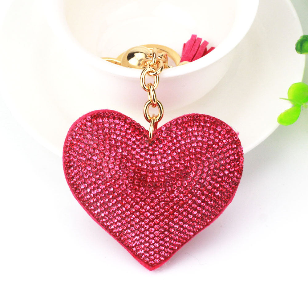 Ounamei Rhinestone Heart Keychain | Crystal Bling Tassel Bag Charm