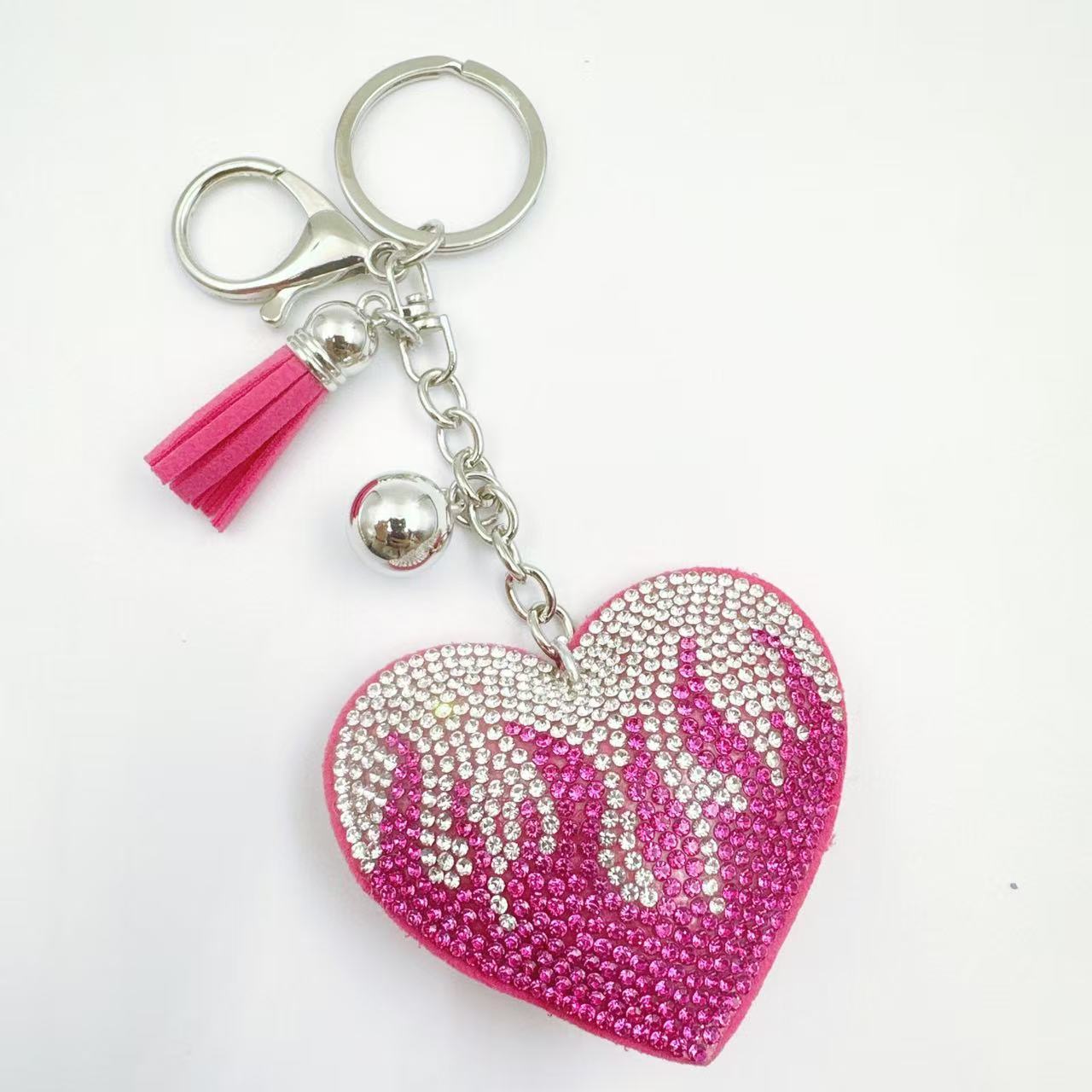 Ounamei Rhinestone Flaming Heart Keychain | Crystal Bling Tassel Bag Charm