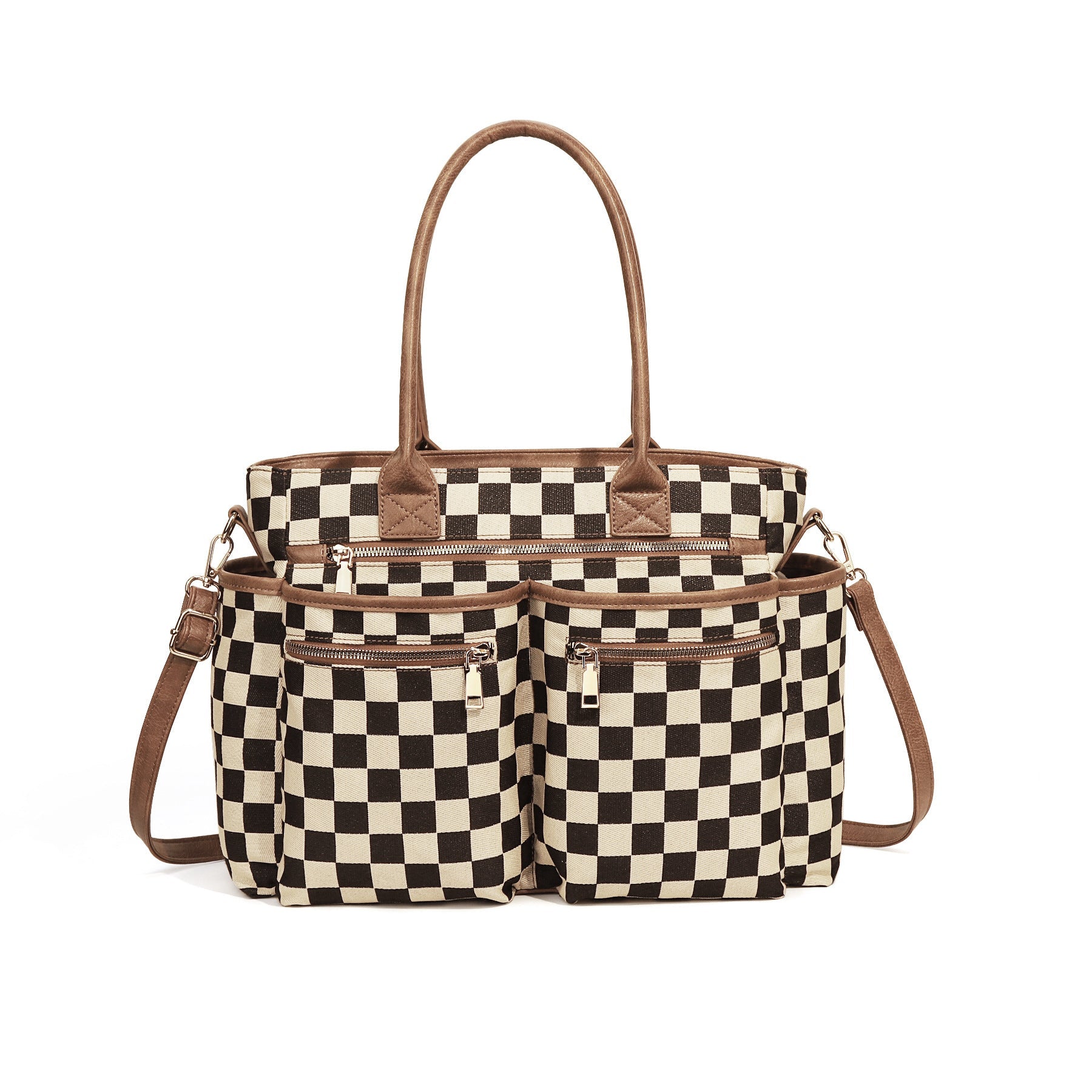 Ounamei Large Checkered Tote Bag for Women | Multi-Pocket Crossbody Shoulder Handbag for Work & Daily Use
