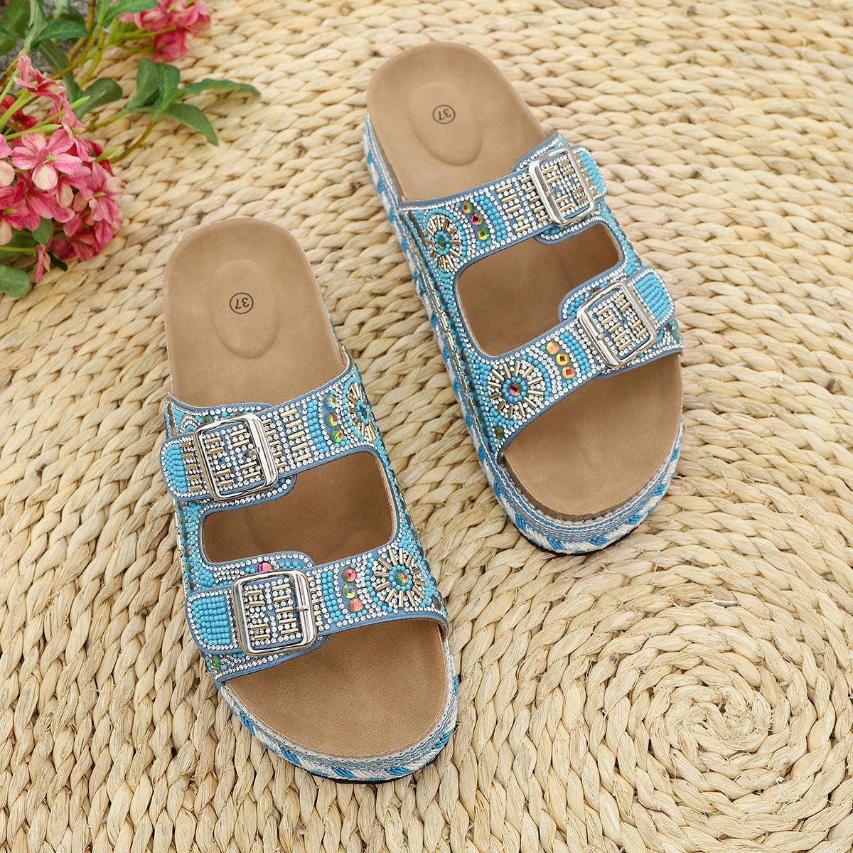 Women’s Calyra Rhinestone Platform Slide Sandals – Boho Metallic Buckle Rope Detail Resort Slides (US 5–10.5)