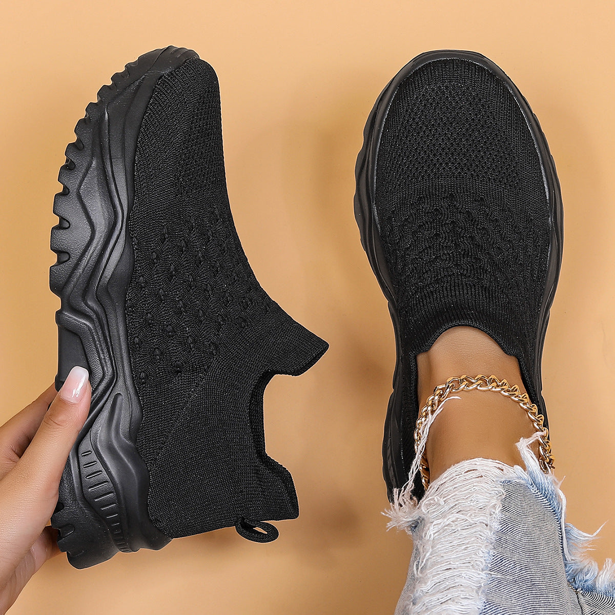Women's Avielle Knit Slip-On Sneakers - Chunky Ridged Sole Walking Shoes (US 4-11)