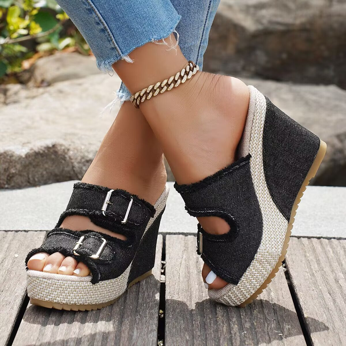 Women’s Denira Denim Peep-Toe Wedge Slide Sandals – Buckle Strap Platform Chic Summer Slides (US 5–10.5)