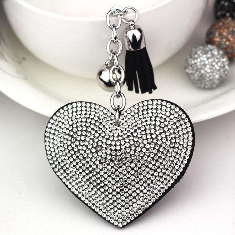Ounamei Rhinestone Heart Keychain | Crystal Bling Tassel Bag Charm