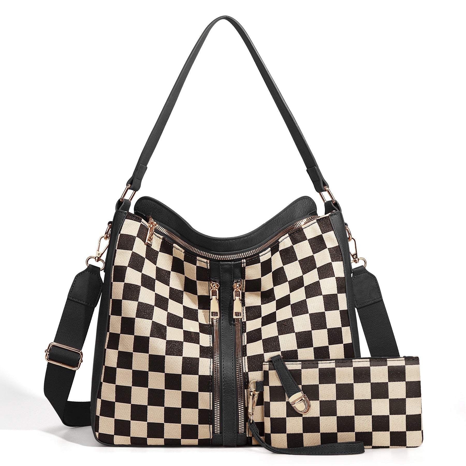 Ounamei Checkered Hobo Tote Bag with a Pouch for Women | PU Leather & Canvas Shoulder & Crossbody Handbag for Daily Use