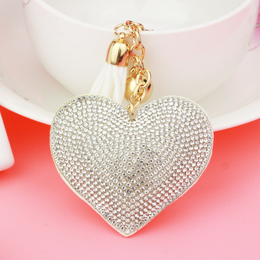 Ounamei Rhinestone Heart Keychain | Crystal Bling Tassel Bag Charm