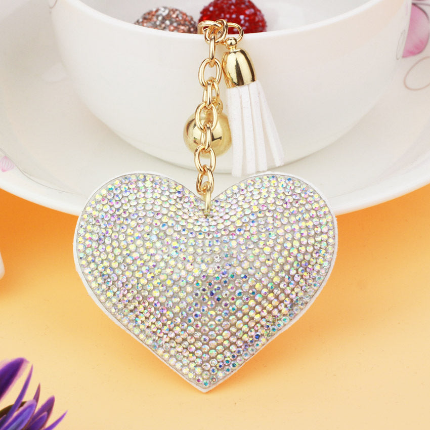 Ounamei Rhinestone Heart Keychain | Crystal Bling Tassel Bag Charm