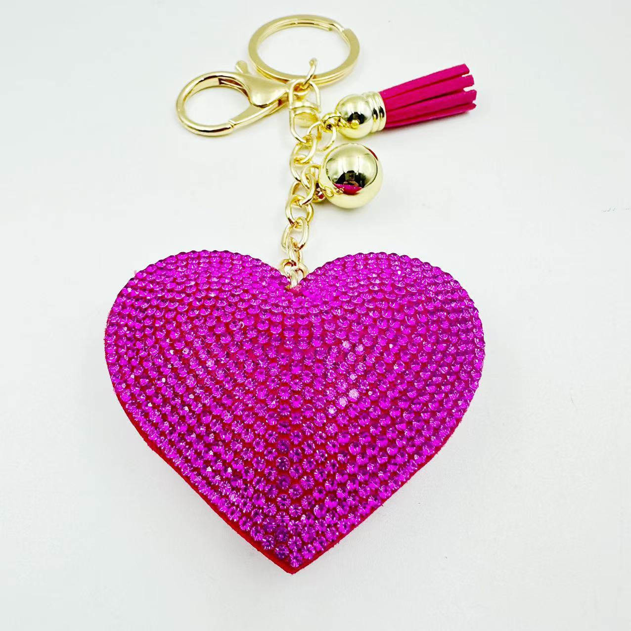 Ounamei Rhinestone Heart Keychain | Crystal Bling Tassel Bag Charm